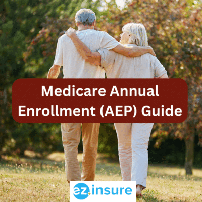 Medicare Annual Enrollment (AEP) Guide text overlaying image of a senior couple walking together in a field