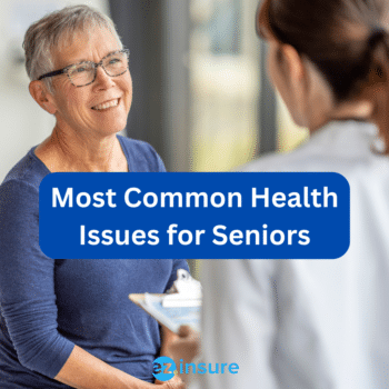 Most Common Health Issues for Seniors text overlaying image of a senior talking with her doctor