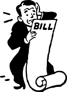 Cartoon man holding a long sheet of paper to the floor that says "bill" on it.
