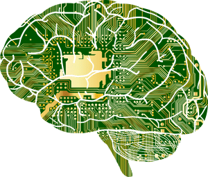 Brain with microchip in the middle connecting circuits throughout the brain.