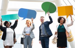 employees with talk bubbles asking about insurance