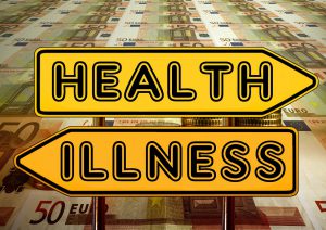 A sign with "health" on it point to the right with another sign below it saying "illness" pointing to the other.