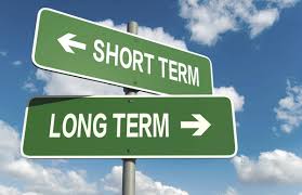 Two signs that say short-term and long-term on them pointing in different directions.