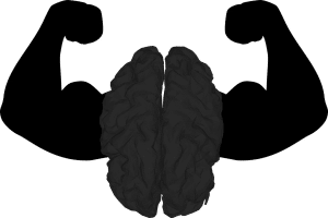 All black picture of a brain with strong arms on both sides of it.