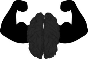 All black picture of a brain with strong arms on both sides of it. 