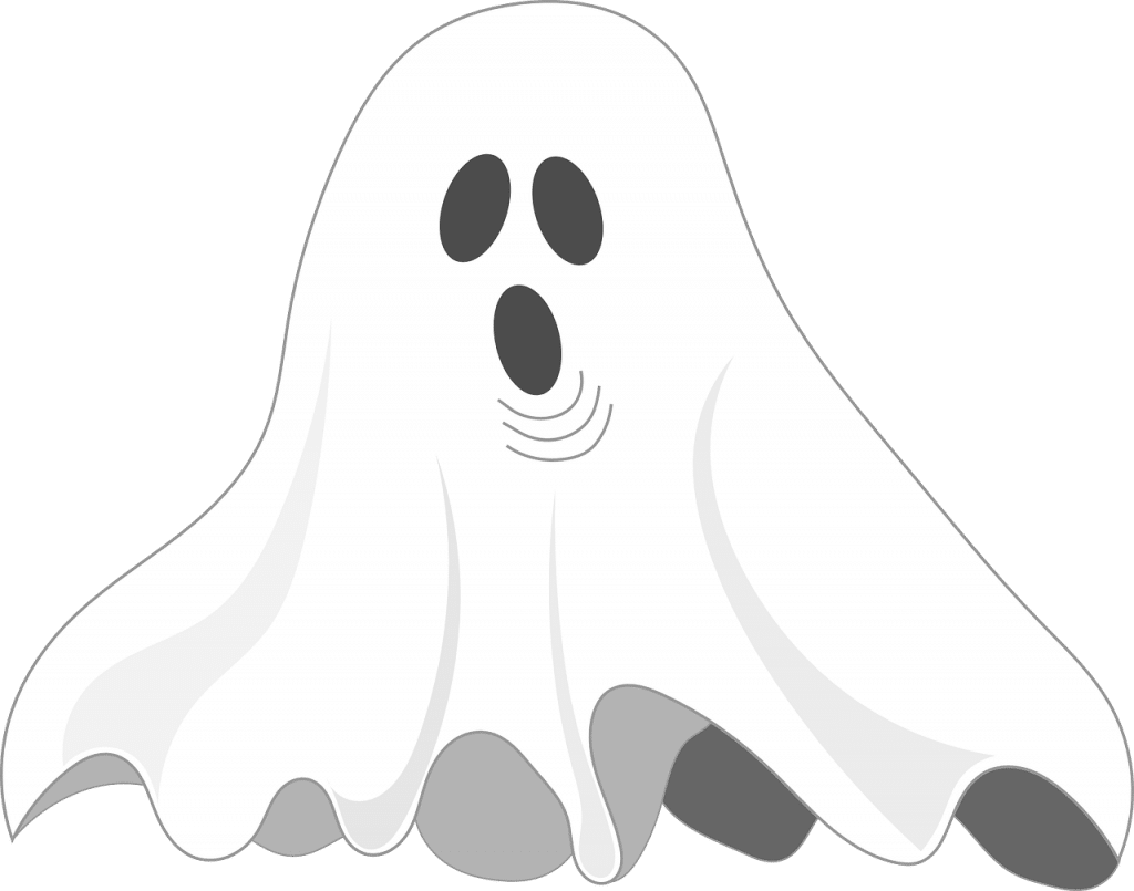 White ghost with black eye holes and black round mouth hole.