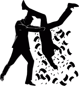 Silhouette of a man holding another man upside down with money falling out.