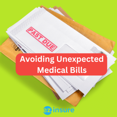 avoiding unexpected medical bills text overlaying image of past due bills