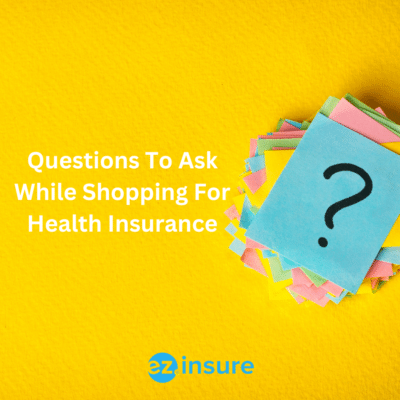 Questions To Ask While Shopping For Health Insurance text overlaying image of a stack of post it notes with a question mark on them