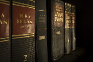 books on a shelf about a lawsuit