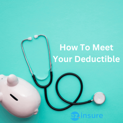 how to meet your deductible text overlaying image of a piggy bank and a stethoscope