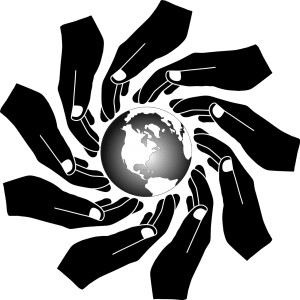 illustration of hands in the color black positioned around the earth