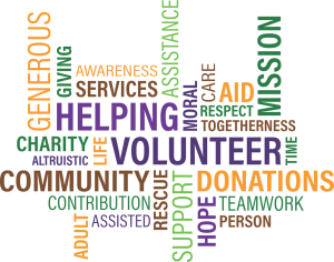 different words surrounding the headline "helping volunteer"