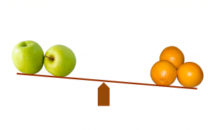a picture of a balancer with green apples on onse side and oranges on the other.