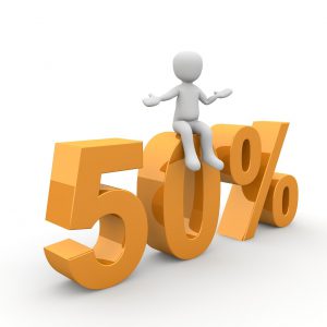 cartoon figure sitting on top of "50%" numbers