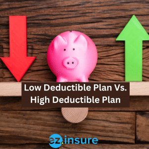low deductible vs high deductible plan text overlaying image of a scale with an up arrow on one side and a down arrow on the other with a piggy bank in the middle