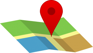 red location symbol over a colorful map