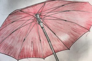 a drawing of a light red umbrella