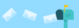 3 envelopes floating into a blue mailbox with a yellow flag up and email symbol on it.
