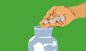 cartoon of a hand putting money into a clear jar.