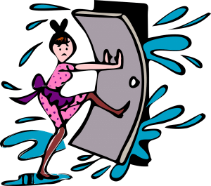 cartoon of a woman pushing a door closed to prevent water from coming in.