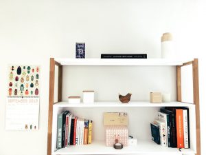 organized shelves in a home office setting.