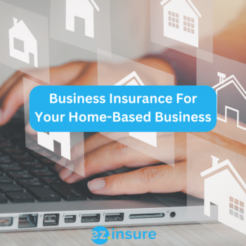 business insurance for your home-based business text overlaying image of someone typing on a laptop with houses around it