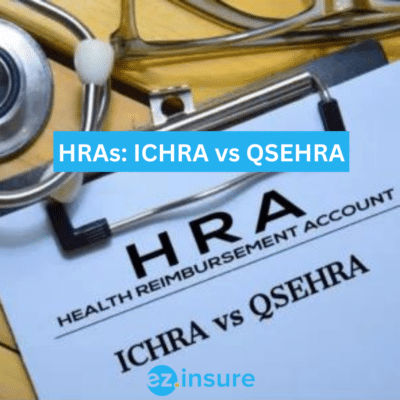 HRAs: ICHRA vs QSEHRA text overlaying image of a clipboard showing ichra and qsehra