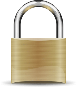 A brass colored padlock with silver ring.