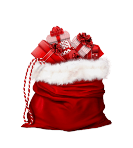 Large red santa claus bag filled with wrapped presents.