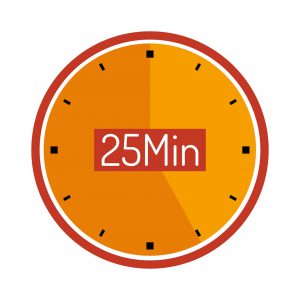 yellow clock with the words "25 Min" in the middle.