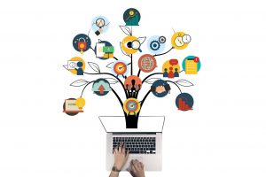 person at a laptop with a tree growing from the top with many pics on branches about marketing.