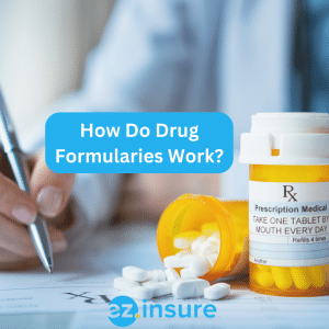 how do drug formularies work? text overlaying image of a doctor filling out a prescriptions with a bottle of medication on the table