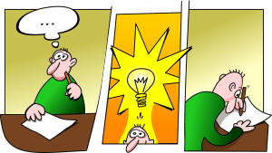 cartoon of a man with an idea that writes it down.