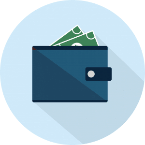 drawing of a blue wallet with cash sitcking out of it.