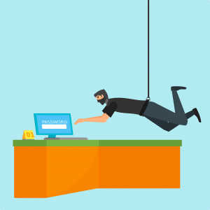cartoon of a man in all black hanging from a wire about to touch a laptop with the scree that says "password" on it.