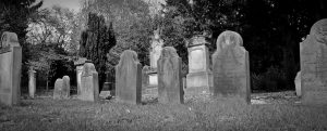 black and white pic of tombstones