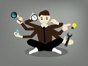 cartoon of a man sitting down with many hands holding a different object.