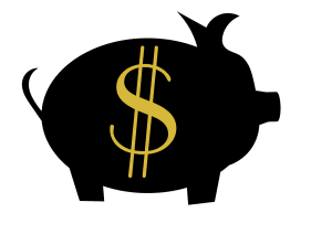 black silhouette of a piggy bank with a gold dollar sign in the middle