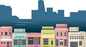 illustration of multiple store fronts next to each other.