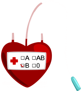 blood shaped blood bag with a connecting tube.