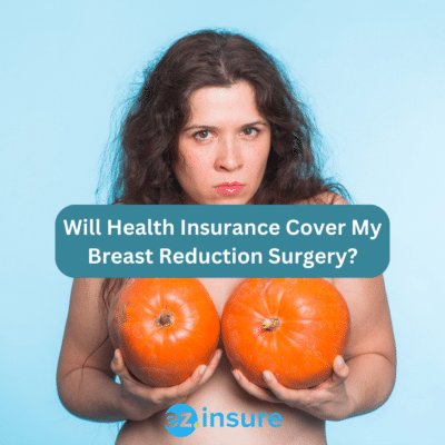 Will Health Insurance Cover My Breast Reduction Surgery? text overlaying image of a woman holding large pumpkins over her breasts