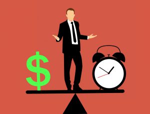 illustration of a business man standing in the middle of a scale with money sign on one side and clock on the other. 
