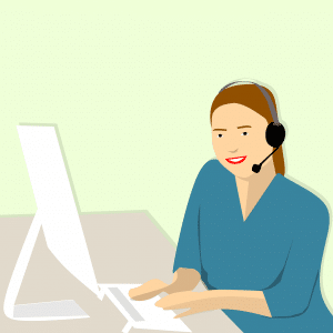 illustration of caucasian woman with blue shirt and head gear sitting in front of a white computer.