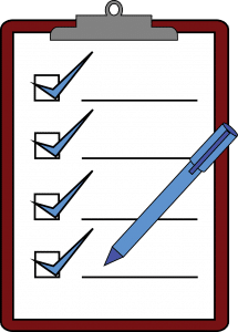 illustration of clipboard with a blue pen on it and blue check marks in all 4 boxes