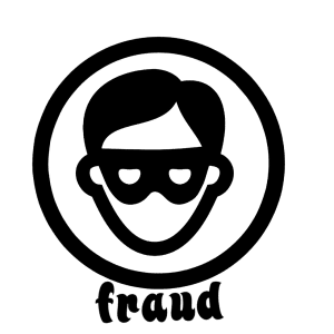 persons head with a mask on in a circle with the word "fraud" underneath it