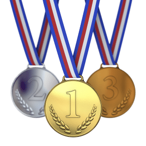 three medals on lanyards, one gold, one silver and one bronze