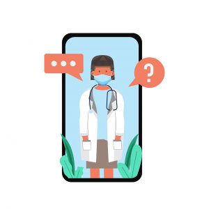illustration of female doctor in white gown on cell phone with question bubble and typing bubbles.