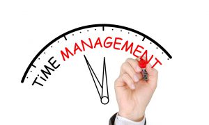 time management written by a caucasian hand with clock frame over it