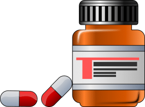 illustration of pill bottle with 2 bills beside it